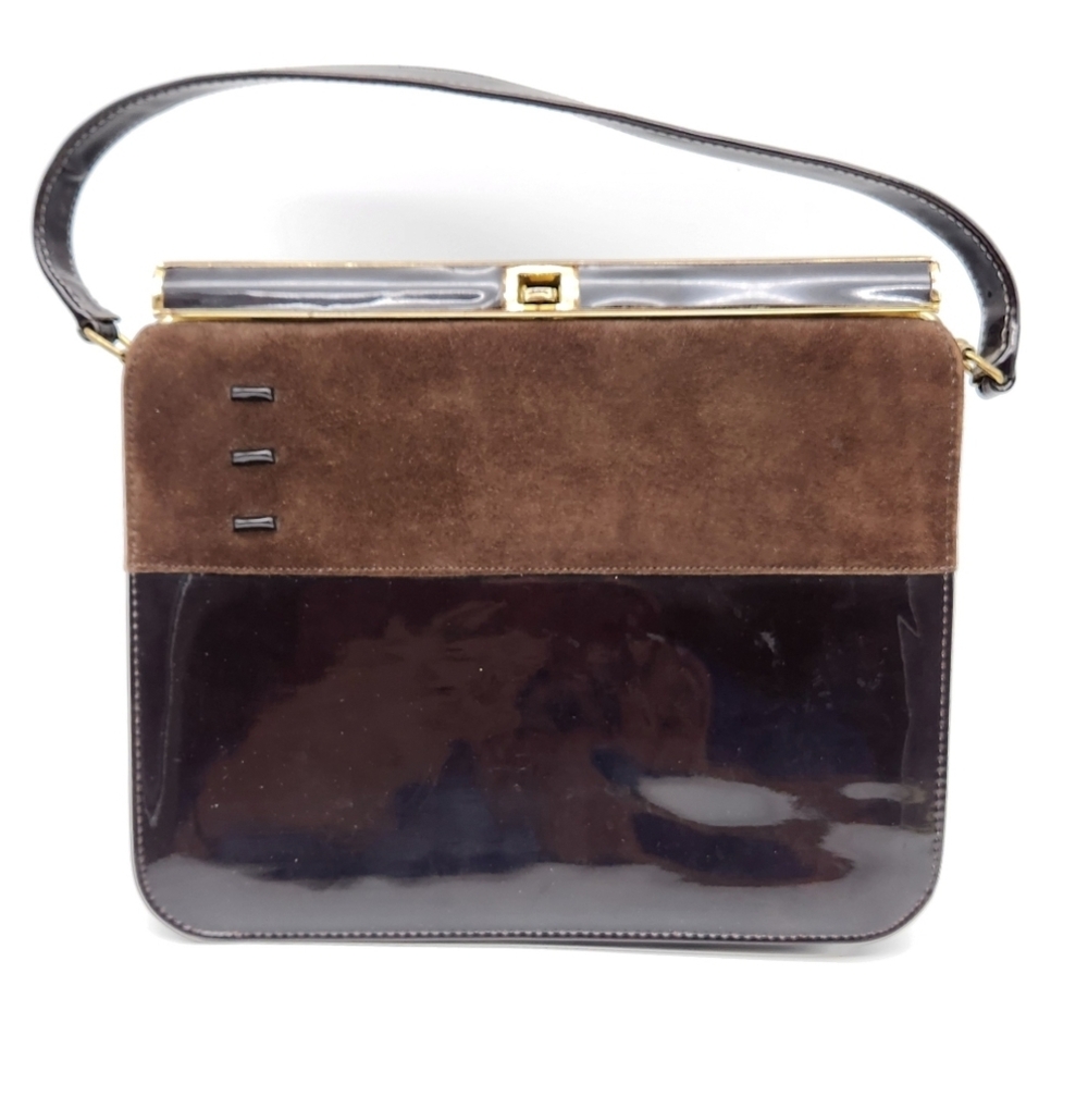Vntg 1960 Airstep Brown Patent Leather Purse Faux Suede  Gold Tone Trim Clasp.